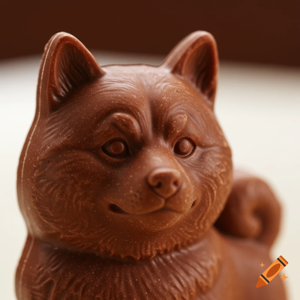 Close-up of a dark brown chocolate sculpture shaped like a Shiba Inu dog.