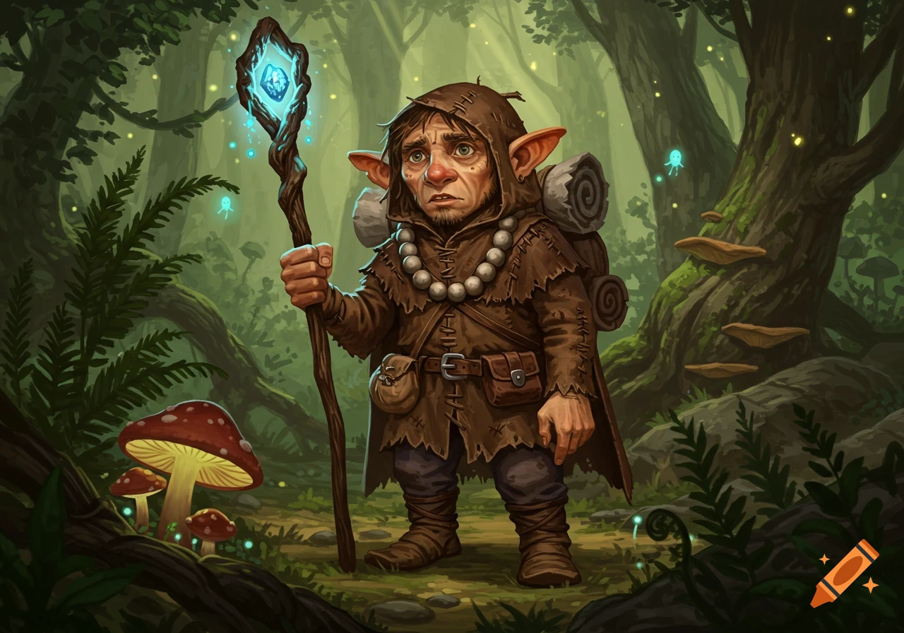A bedraggled gnome acolyte with a backpack and glowing staff stands in a lush fantasy forest with mushrooms and fireflies.