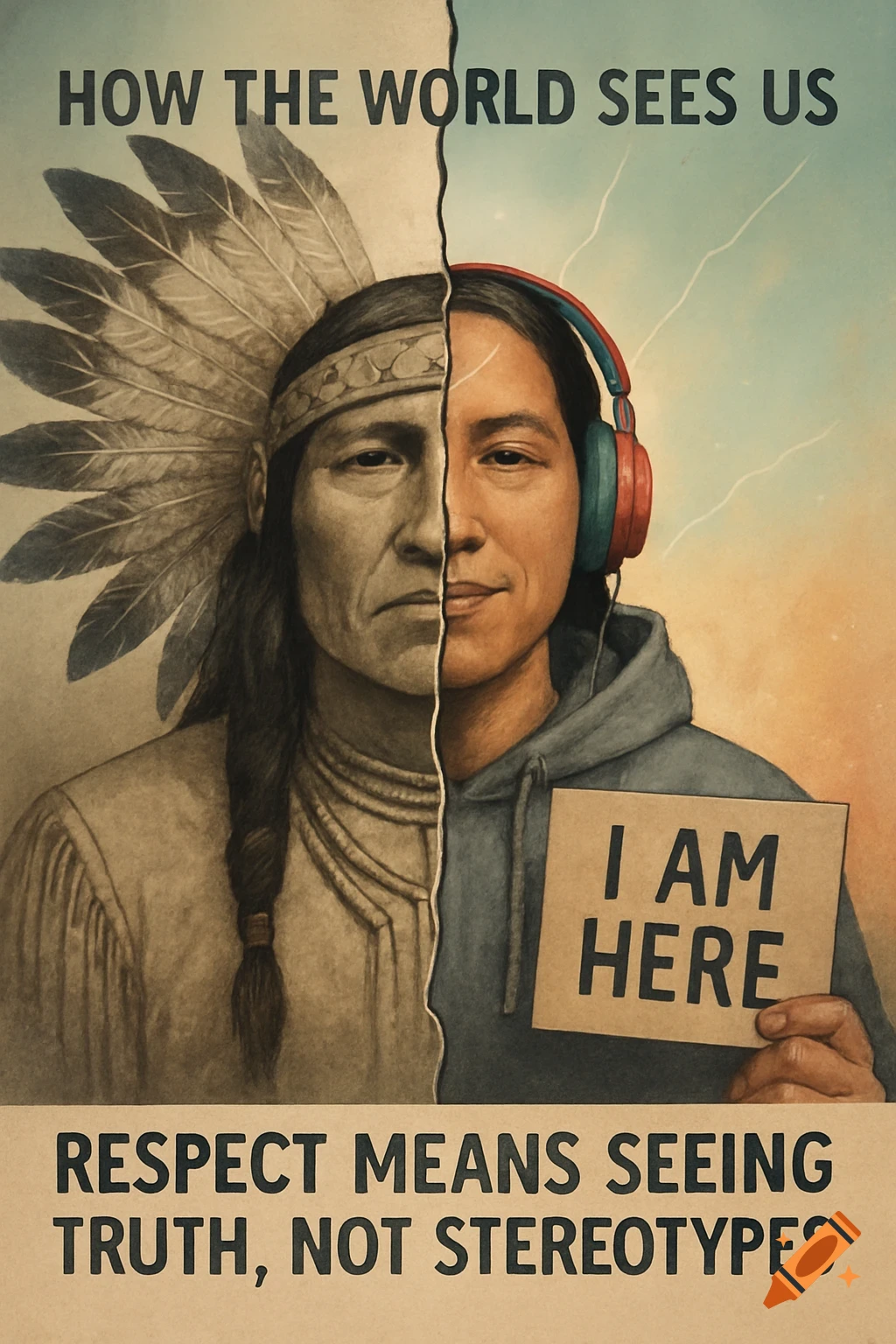 Poster of a person with a split face: one half a traditional Indigenous person, the other a modern person with headphones, holding 'I AM HERE' sign. Text reads 'HOW THE WORLD SEES US' and 'RESPECT MEANS SEEING TRUTH, NOT STEREOTYPES'.