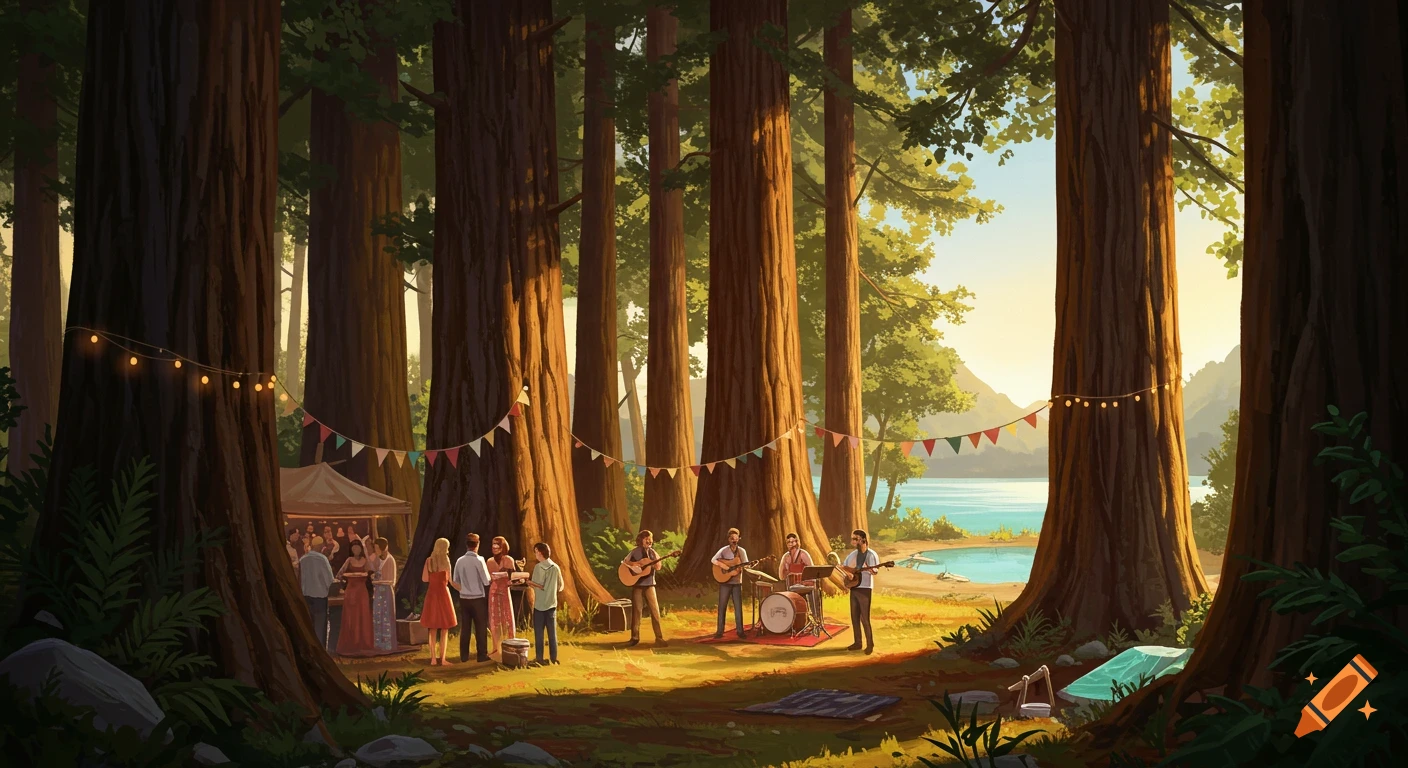 A stylized illustration of a summer party with live music in a redwood forest by a lake.