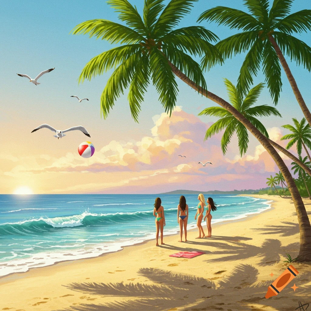 An illustration of four women in bikinis on a sandy beach with palm trees and ocean at sunset, seagulls and a beach ball in the sky.
