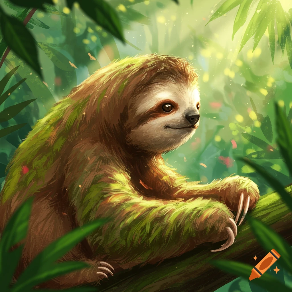A cute sloth with brown and green fur sits on a branch in a vibrant, lush jungle with sunlight filtering through leaves, in an illustration style.