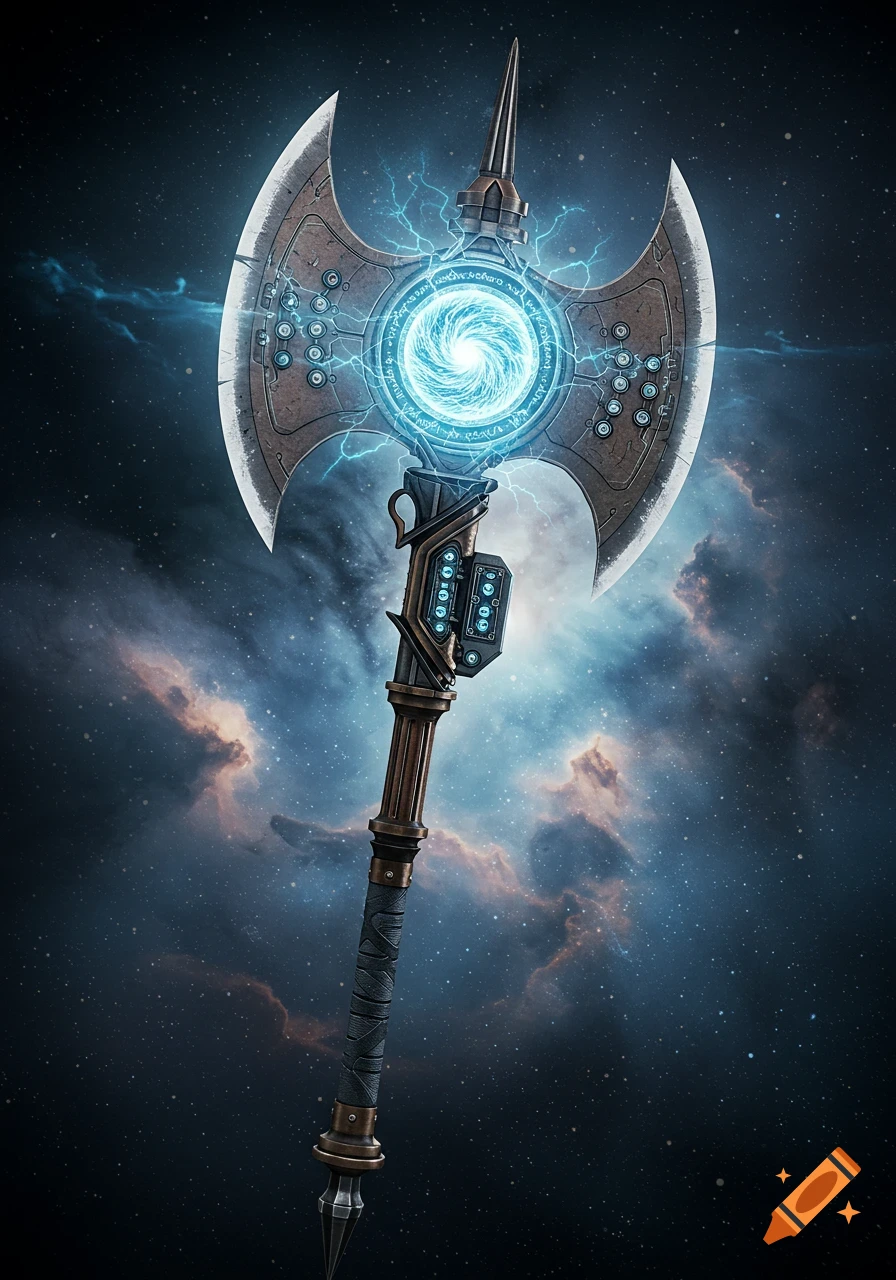 A double-sided battle axe with a glowing blue swirling time warp core, surrounded by electricity, against a starry space background.