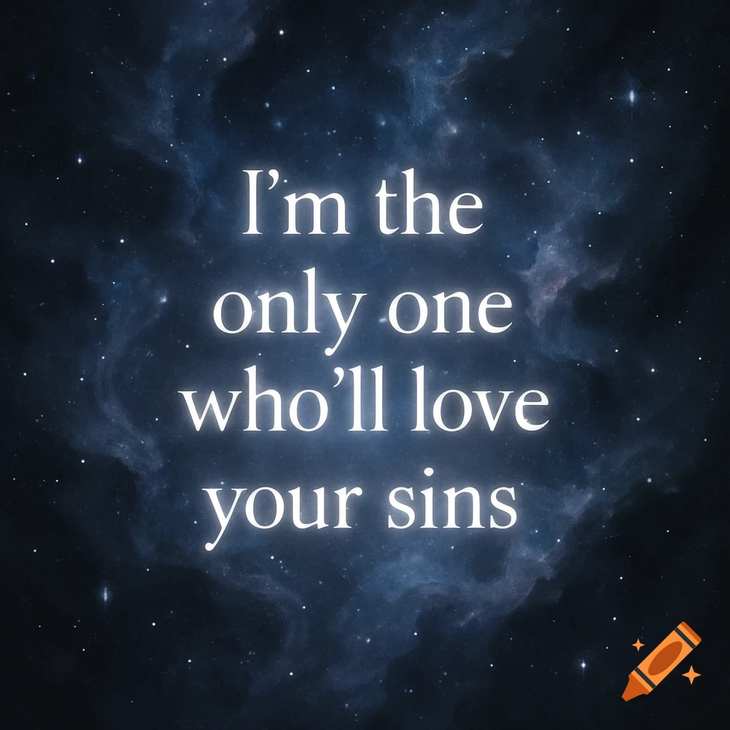 White glowing text 'I'm the only one who'll love your sins' on a dark blue starry cosmic background with nebulas.