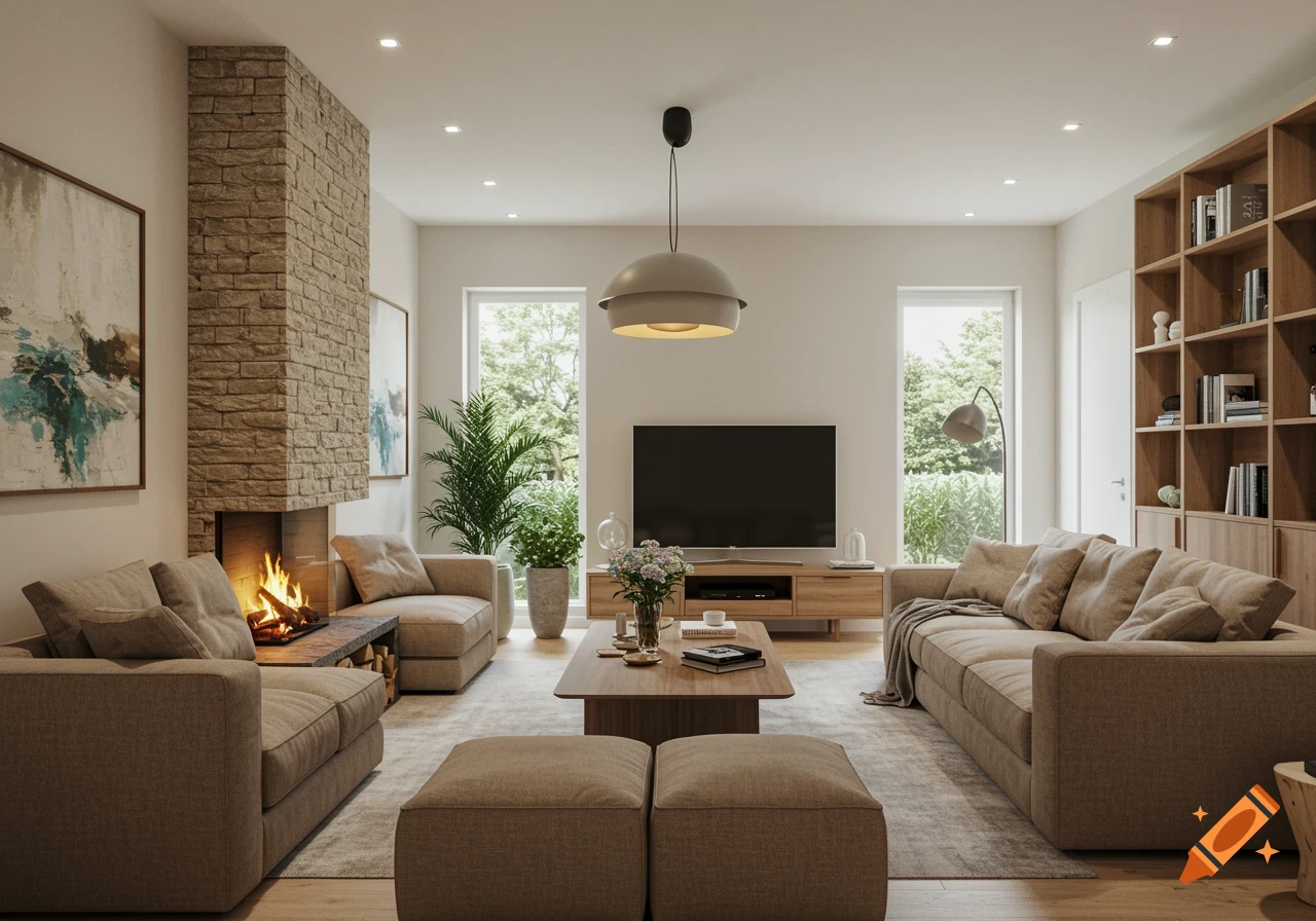 Photorealistic modern living room with stone fireplace, two large sofas, coffee table, large TV, and bookshelf. Neutral colors with green accents.