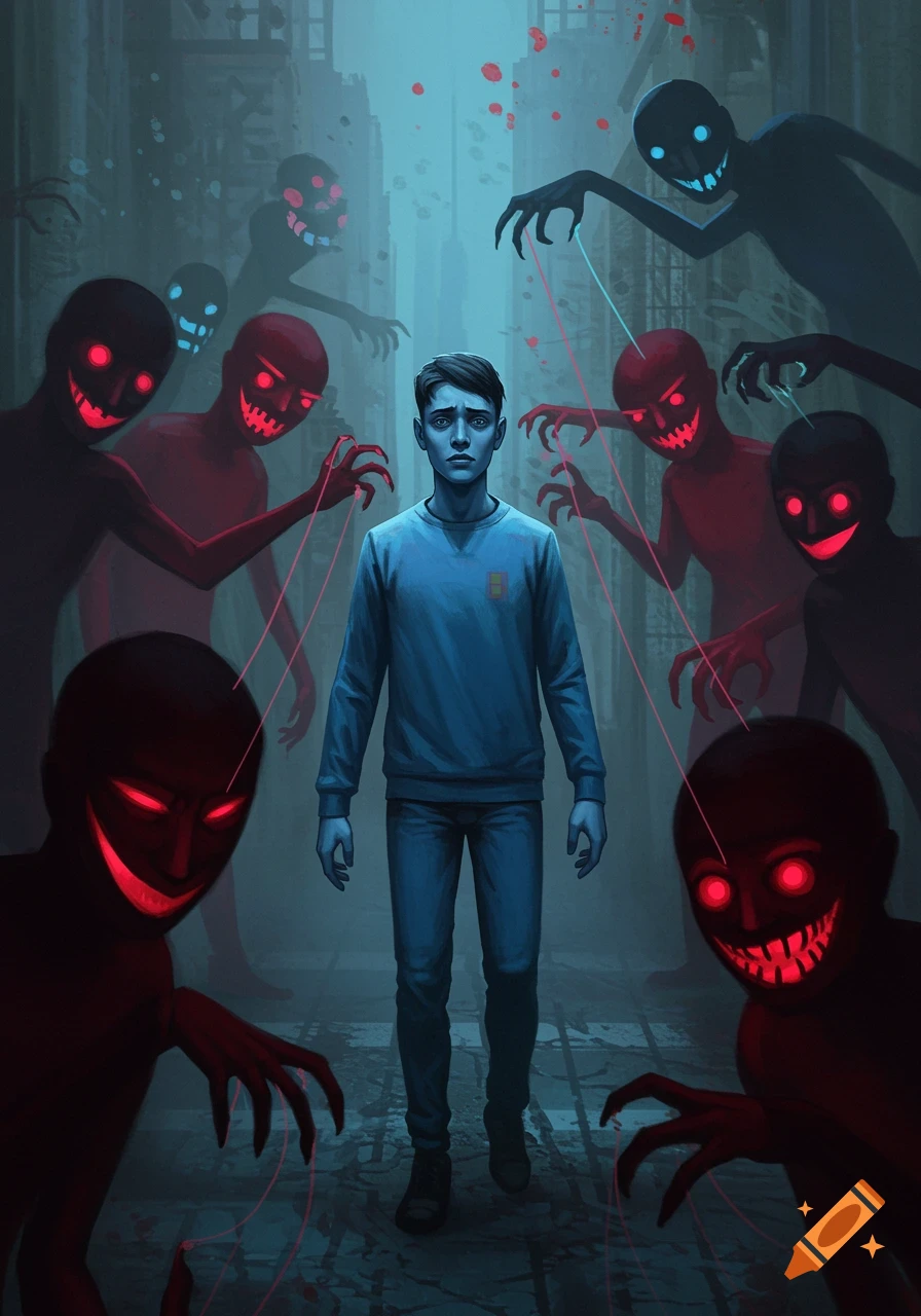 A man surrounded by shadowy, red-eyed creatures manipulating him with strings in a dark street, in a digital horror illustration.