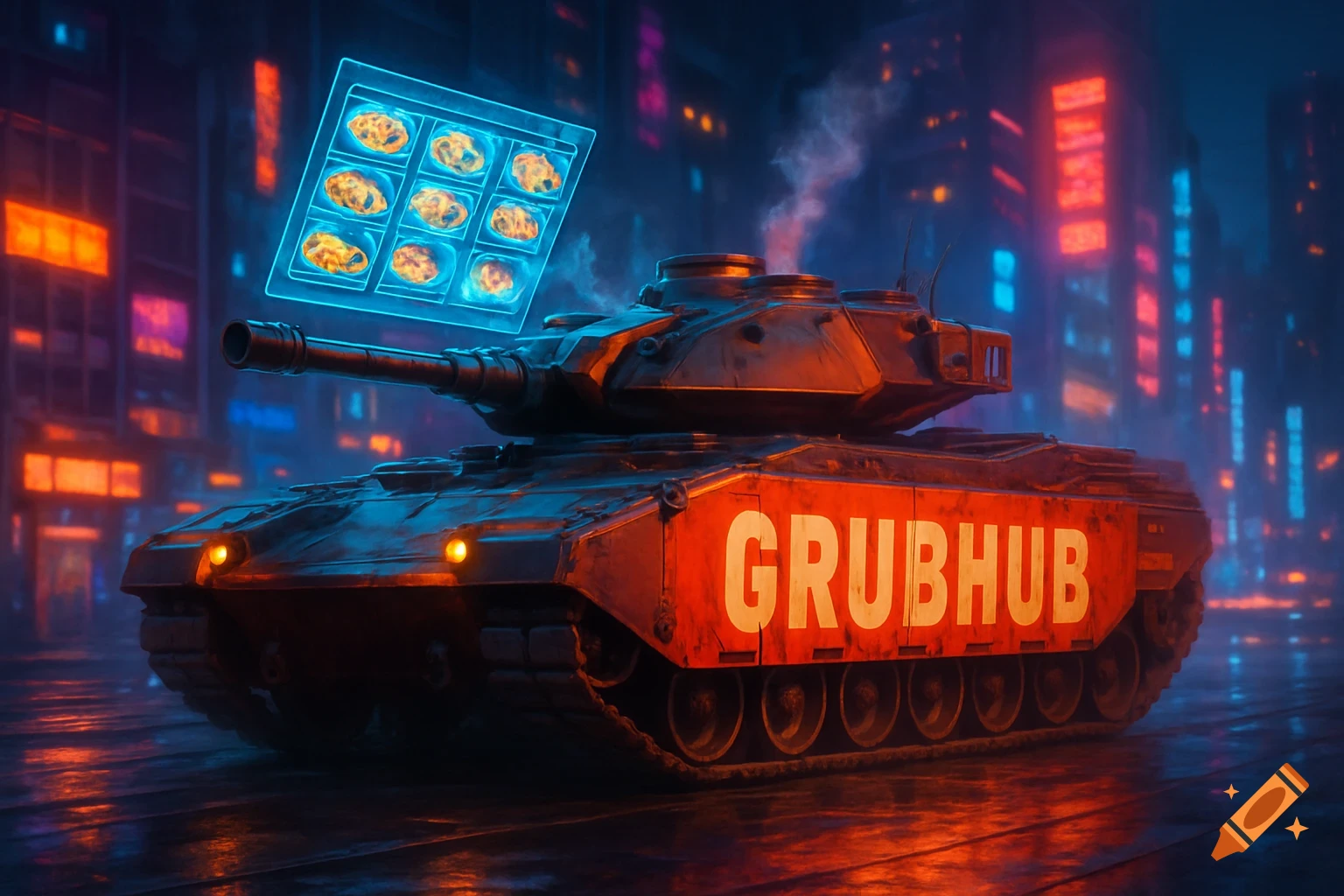 A red Grubhub tank drives through a futuristic city at night, with a glowing screen of food floating above it.