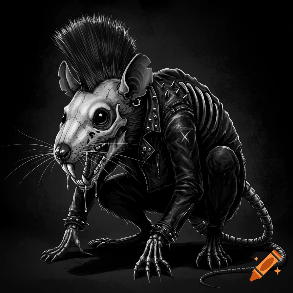 A black and white illustration of a skeleton rat with a mohawk, wearing a punk leather jacket, snarling and drooling.