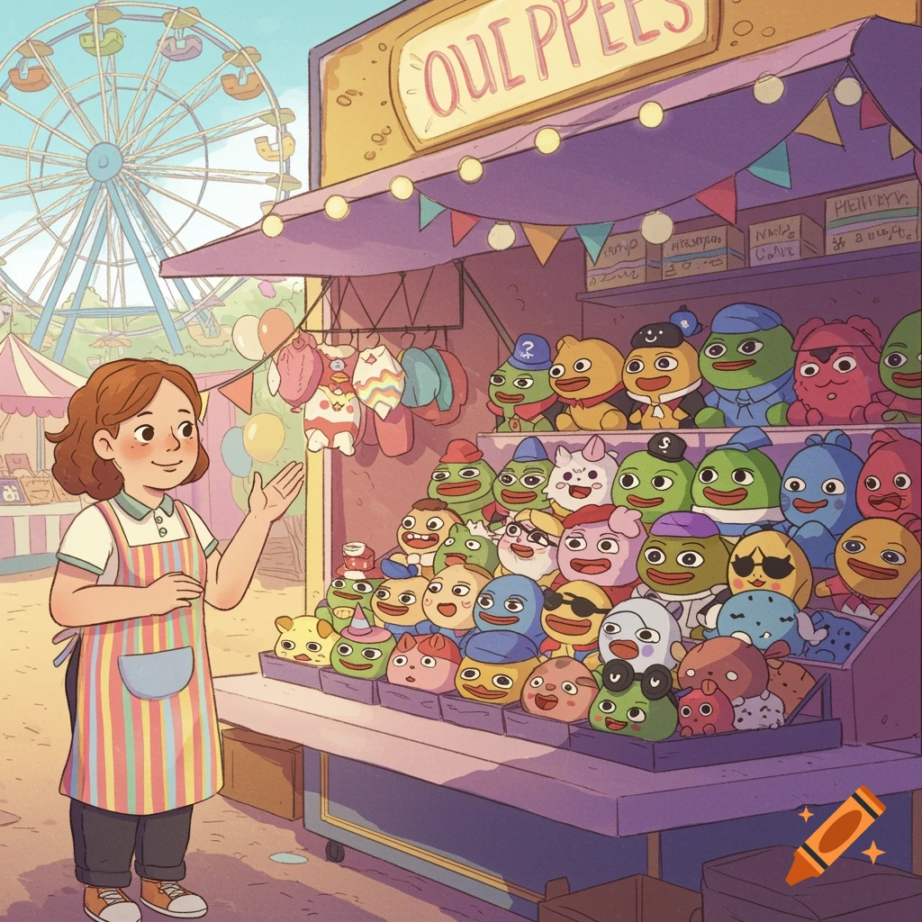A shopkeeper at a carnival stall selling many cartoon plush toys. A Ferris wheel is visible in the background, in a bright cartoon style.