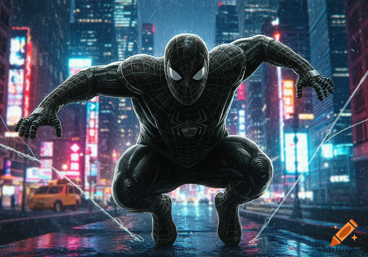 Black Spider-Man in a crouched pose, web-slinging in a rainy, neon-lit city at night, in a detailed comic art style.