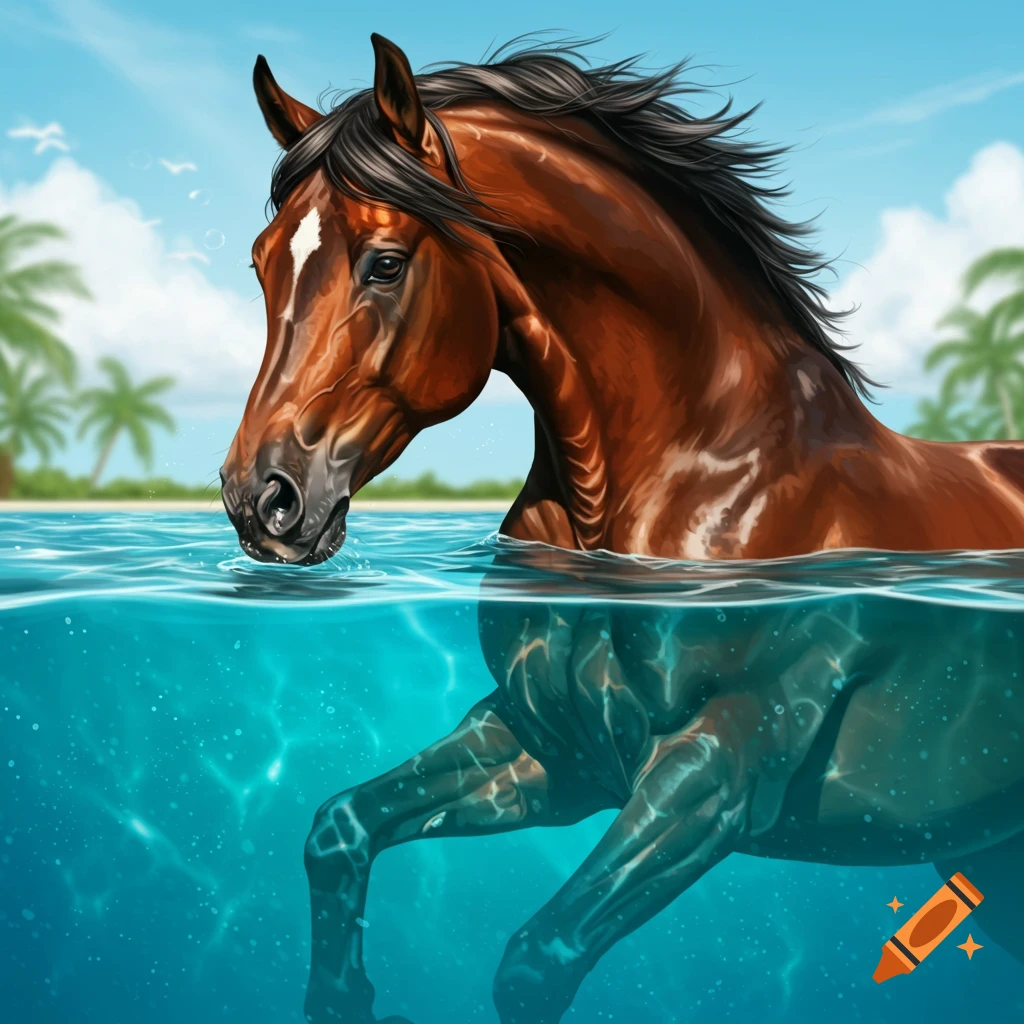 A brown horse stands in clear blue water with a tropical beach and palm trees in the background under a blue sky.