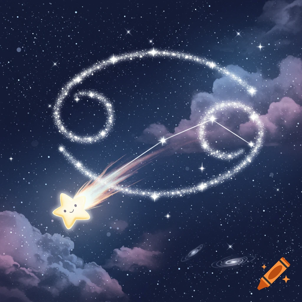 A smiling yellow cartoon star with a fiery trail flies through a starry night sky, forming the Cancer constellation.