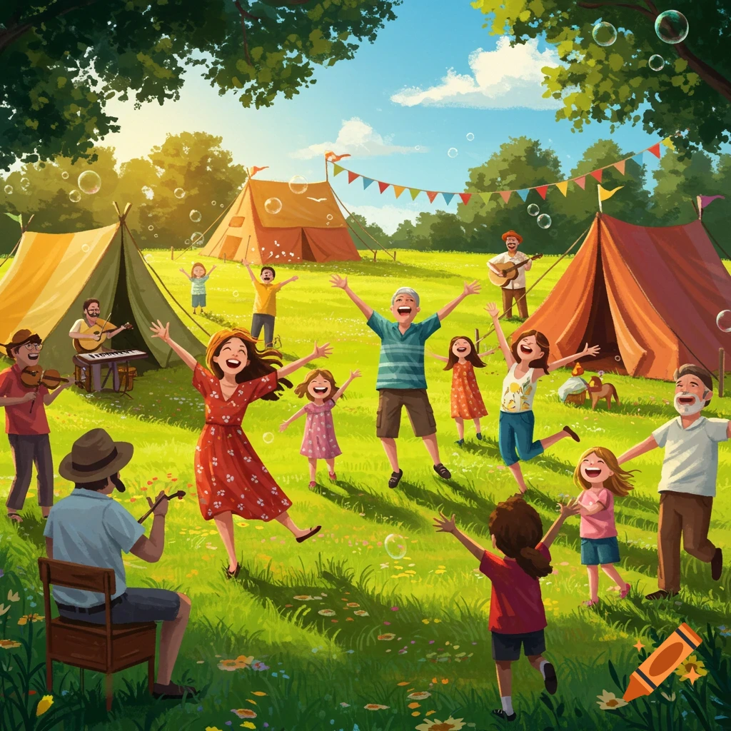 A vibrant illustration of a happy diverse group of adults and children playing music, dancing, and blowing bubbles in a sunny campground.
