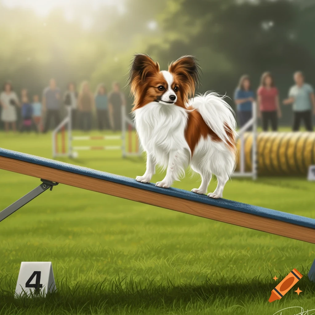 A digital illustration of a brown and white Papillon dog balancing on a blue agility seesaw in a green park.