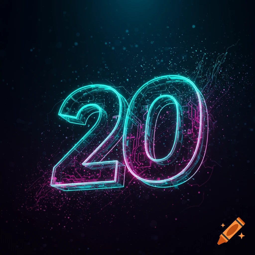 The number 20 rendered in glowing neon lights with a digital circuit board design against a dark, sparkling background.
