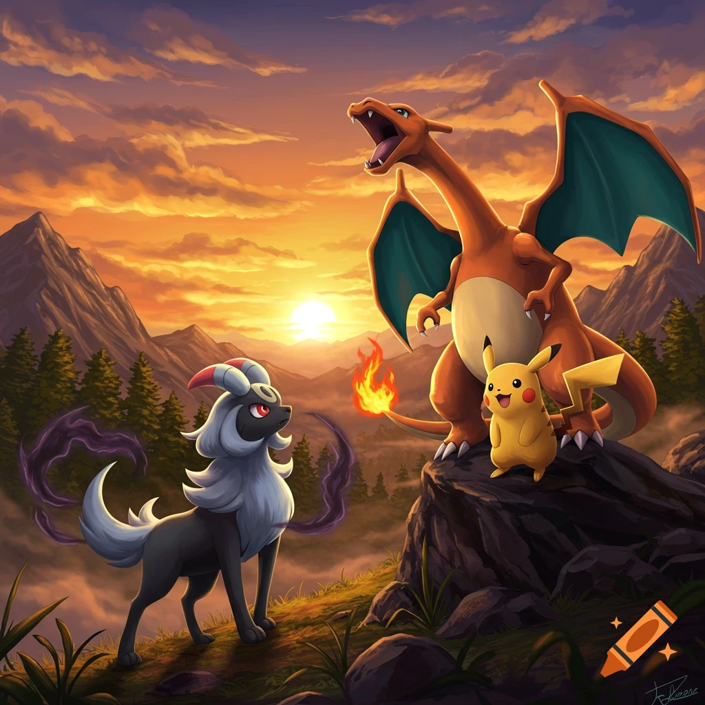 Charizard and Pikachu stand on a rocky outcrop, while Absol looks on, against a dramatic mountain sunset.