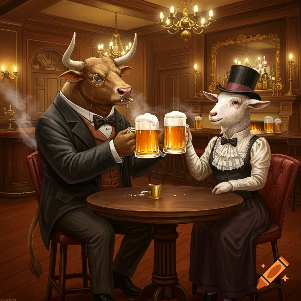 A bull in a suit and a goat in a dress and top hat clink beer mugs in a Victorian-style bar.