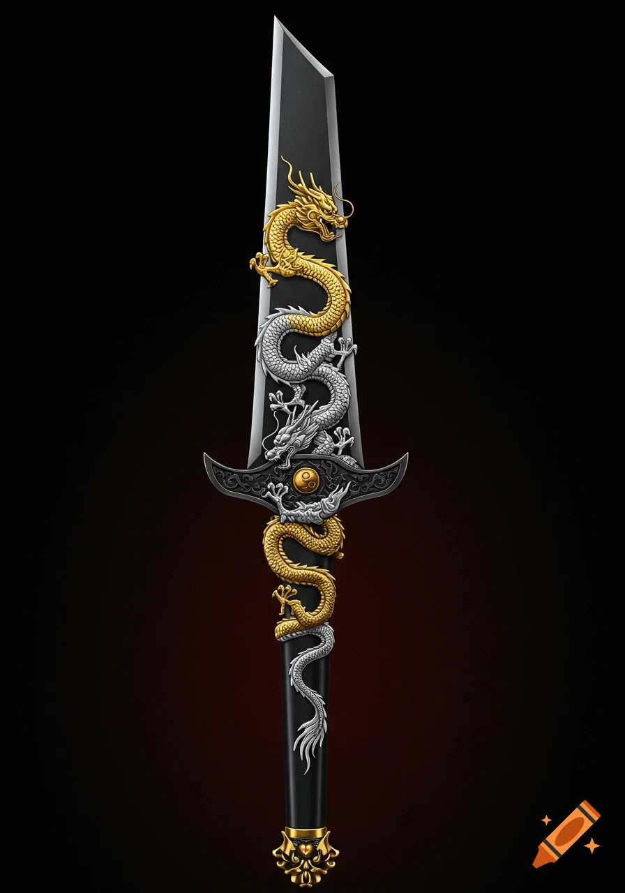 A close-up of a black metal long sword with gold and silver Chinese dragon inlays, featuring a detailed hilt, against a dark background.