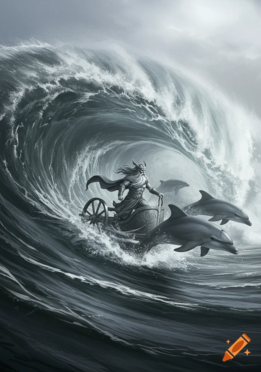 Njord, the Norse god of the sea, rides a chariot pulled by dolphins inside a towering, gray ocean wave.