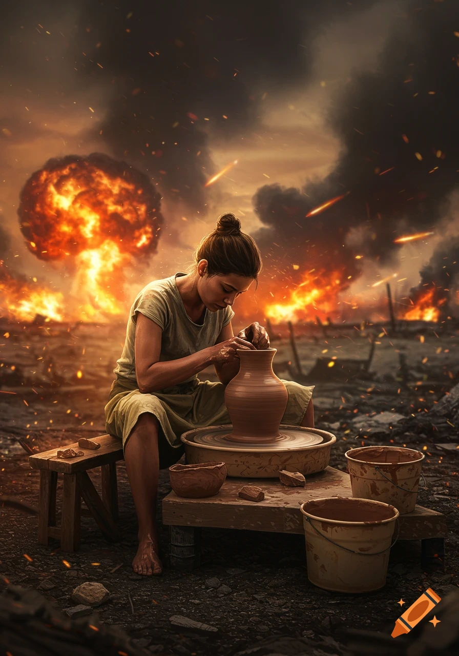 A woman calmly crafts pottery on a spinning wheel amidst a fiery, war-torn landscape with explosions and debris.