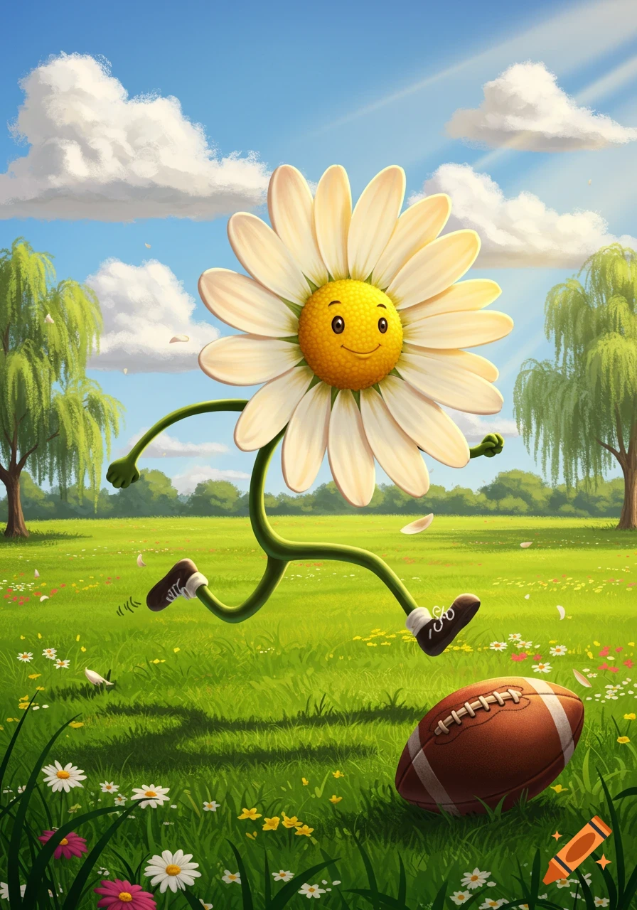A smiling cartoon daisy character with green stick arms and legs runs across a sunny green field towards a football, with white and pink daisies scattered around.