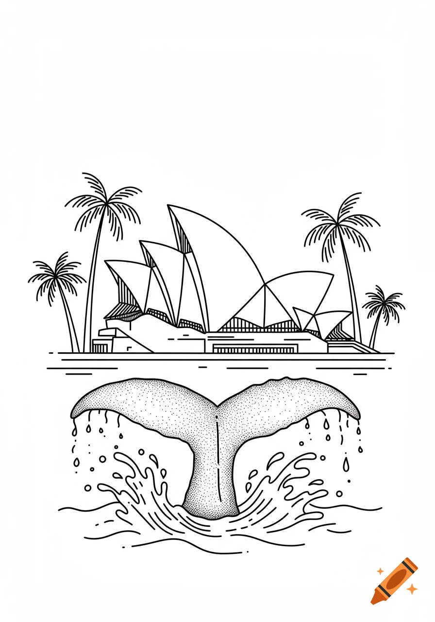 Minimalist line art illustration of Sydney Opera House with palm trees and a whale tail splashing in water.