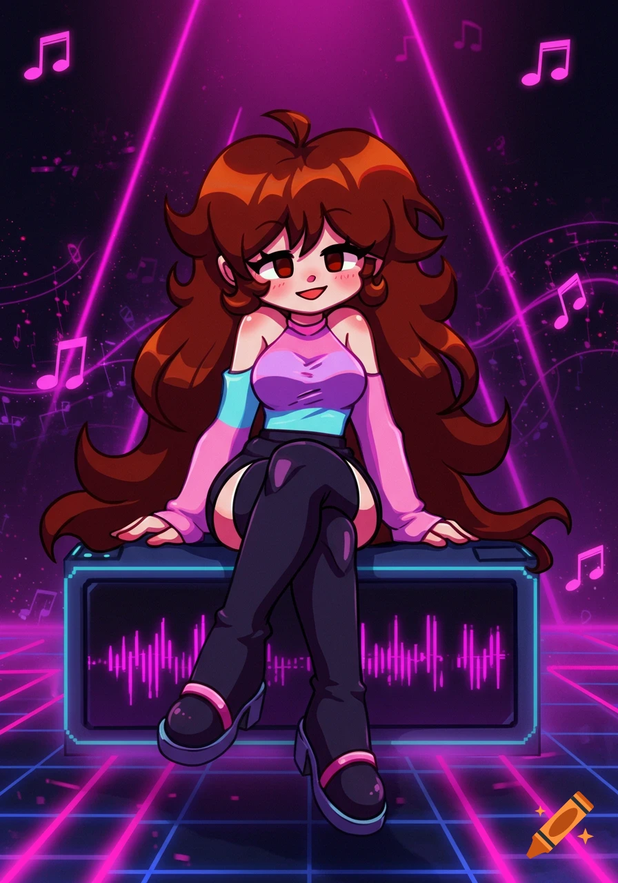 Cartoon character Girlfriend (FNF) with long brown hair sits on a speaker in a neon synthwave background with music notes.