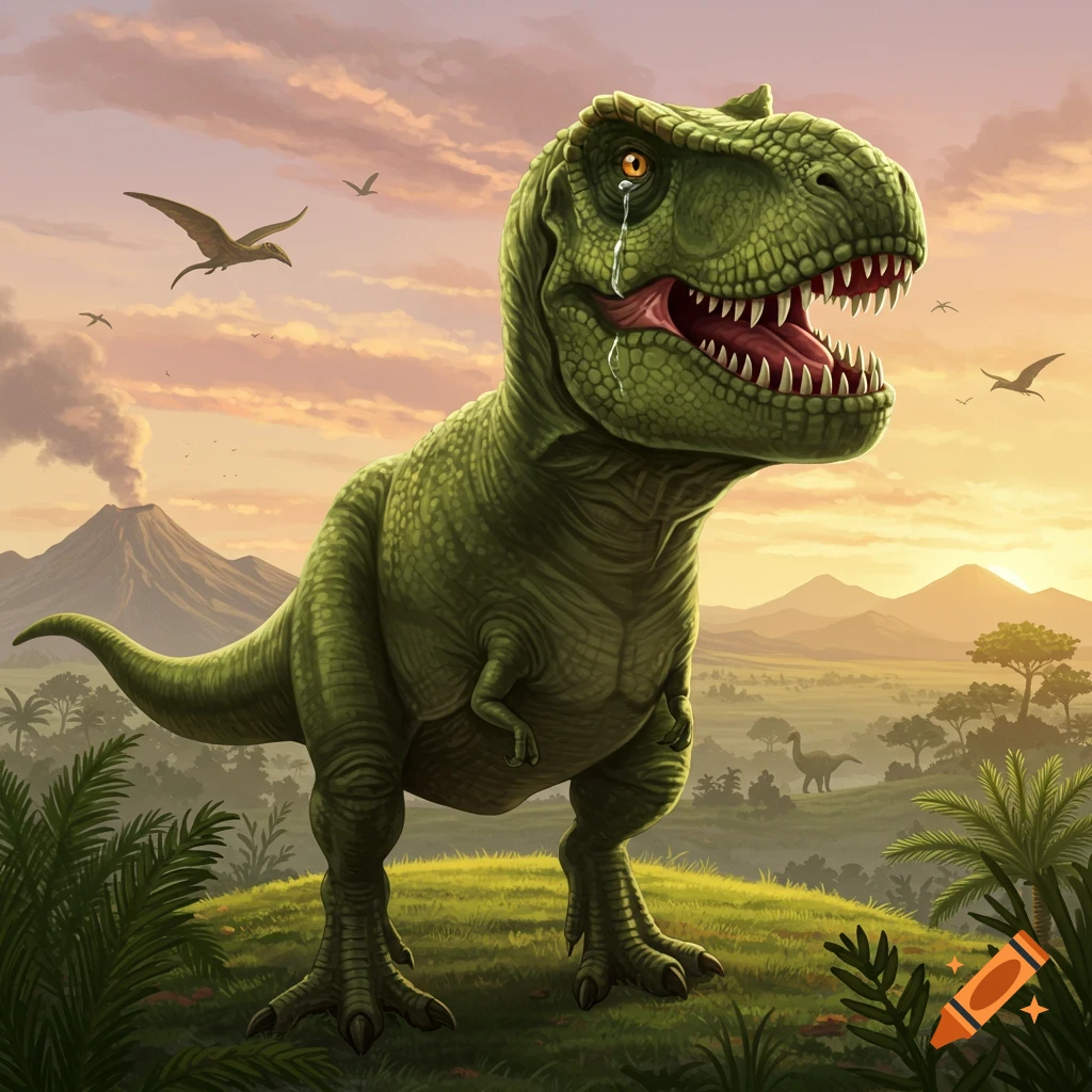 A large green T-Rex with a tear rolling down its cheek stands on a grassy hill at sunset, with volcanoes and pterodactyls in the prehistoric background.