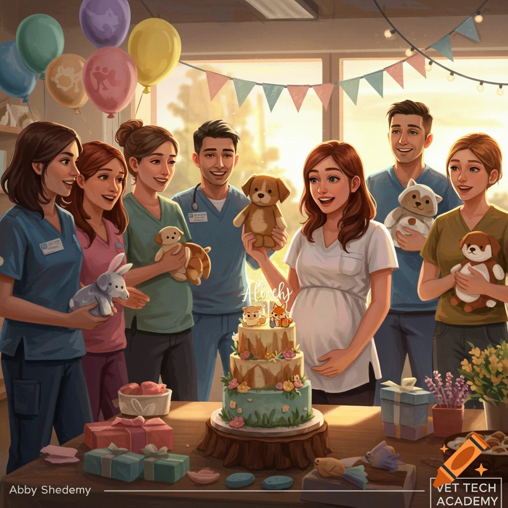 A group of medical professionals gathered around a pregnant woman and a multi-tiered cake at a baby shower, holding plush animal toys in a vet tech academy setting.