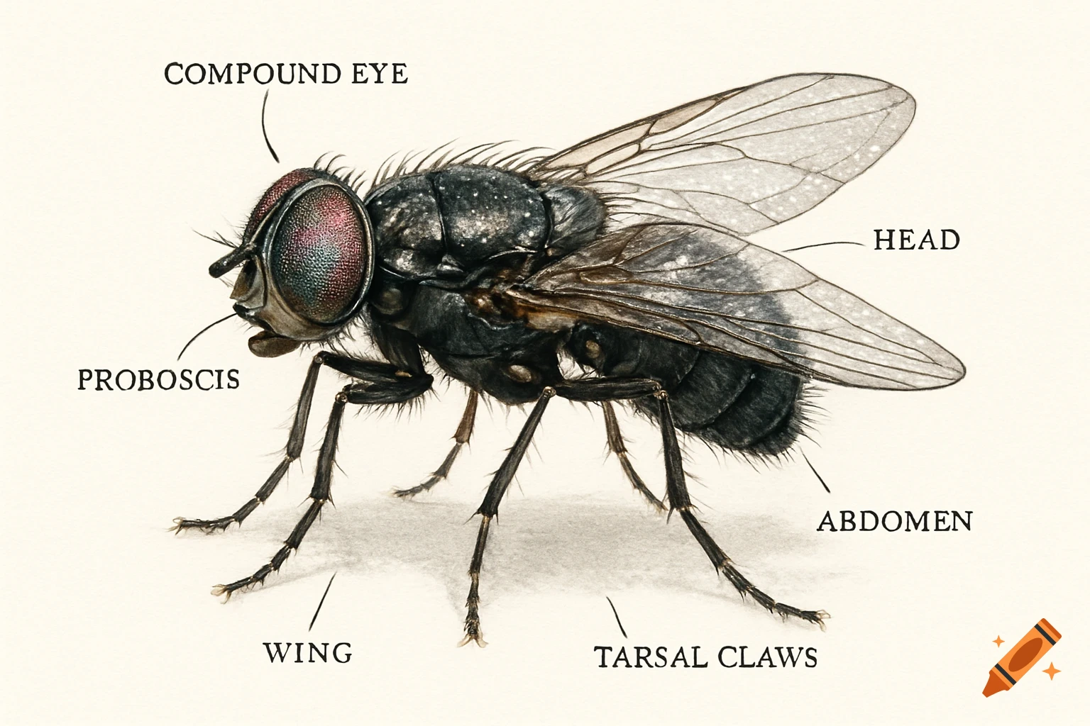 Detailed scientific illustration of a housefly with labeled parts: compound eye, proboscis, head, wing, abdomen, tarsal claws.