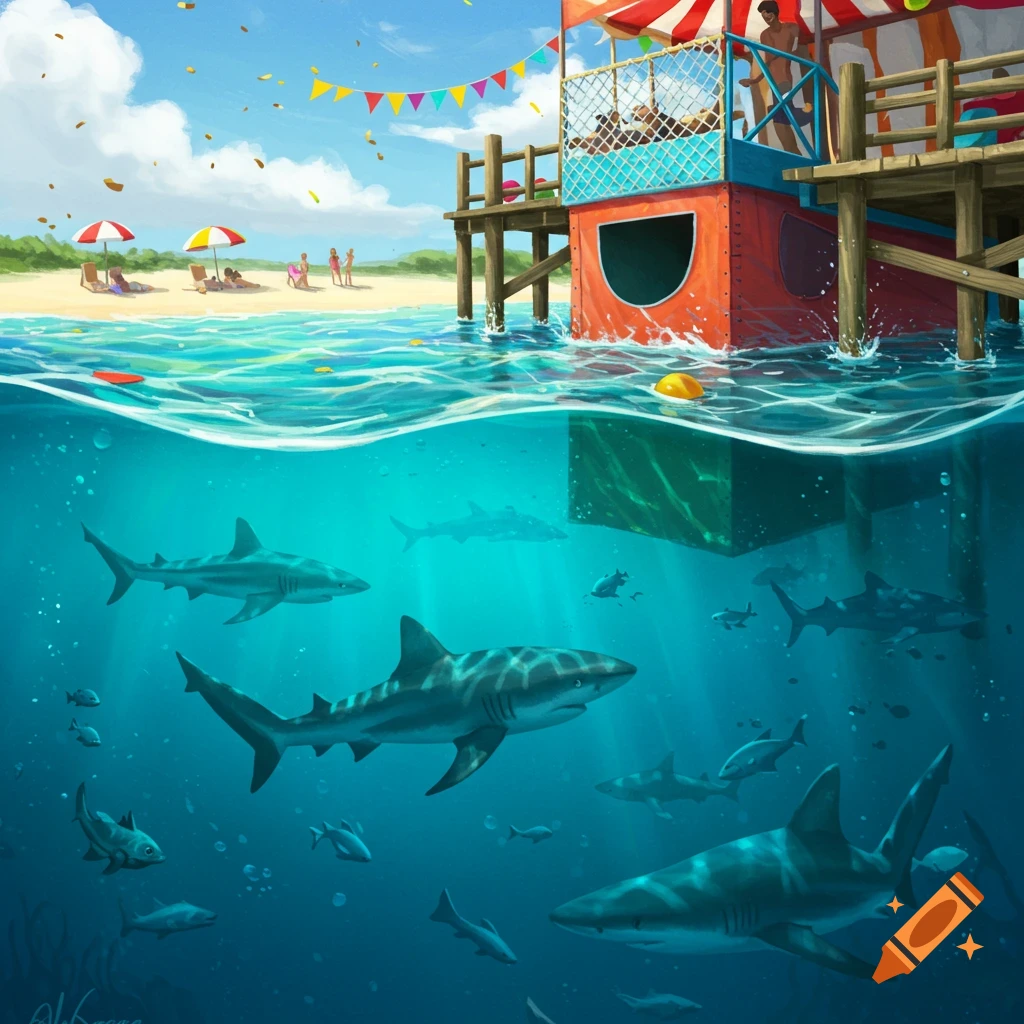 Illustration of a beach scene with a wooden dunk tank structure above water, and multiple sharks swimming underwater in clear blue ocean.