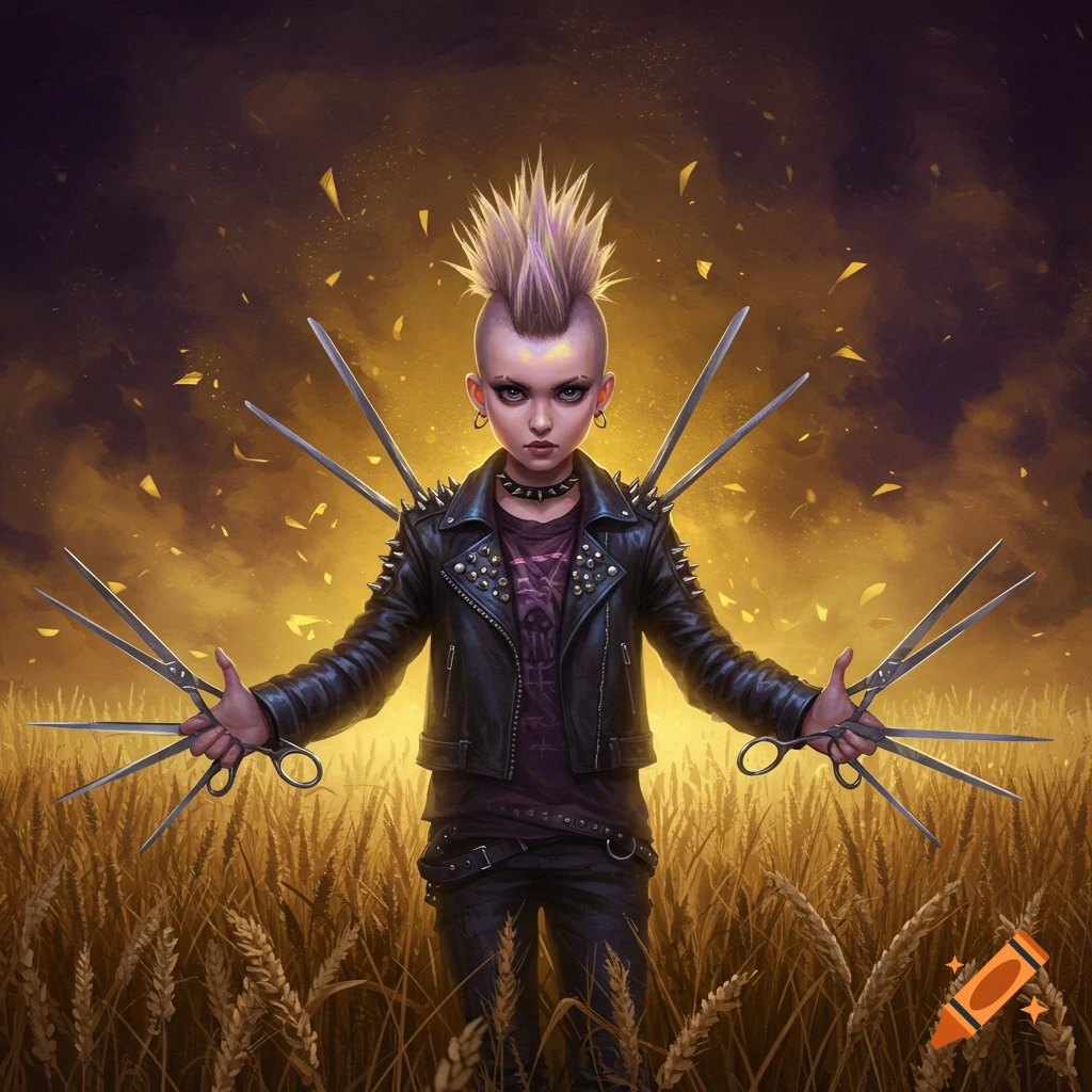A punk child in a spiked leather jacket with a mohawk and scissors for hands stands in a golden wheat field at dusk.