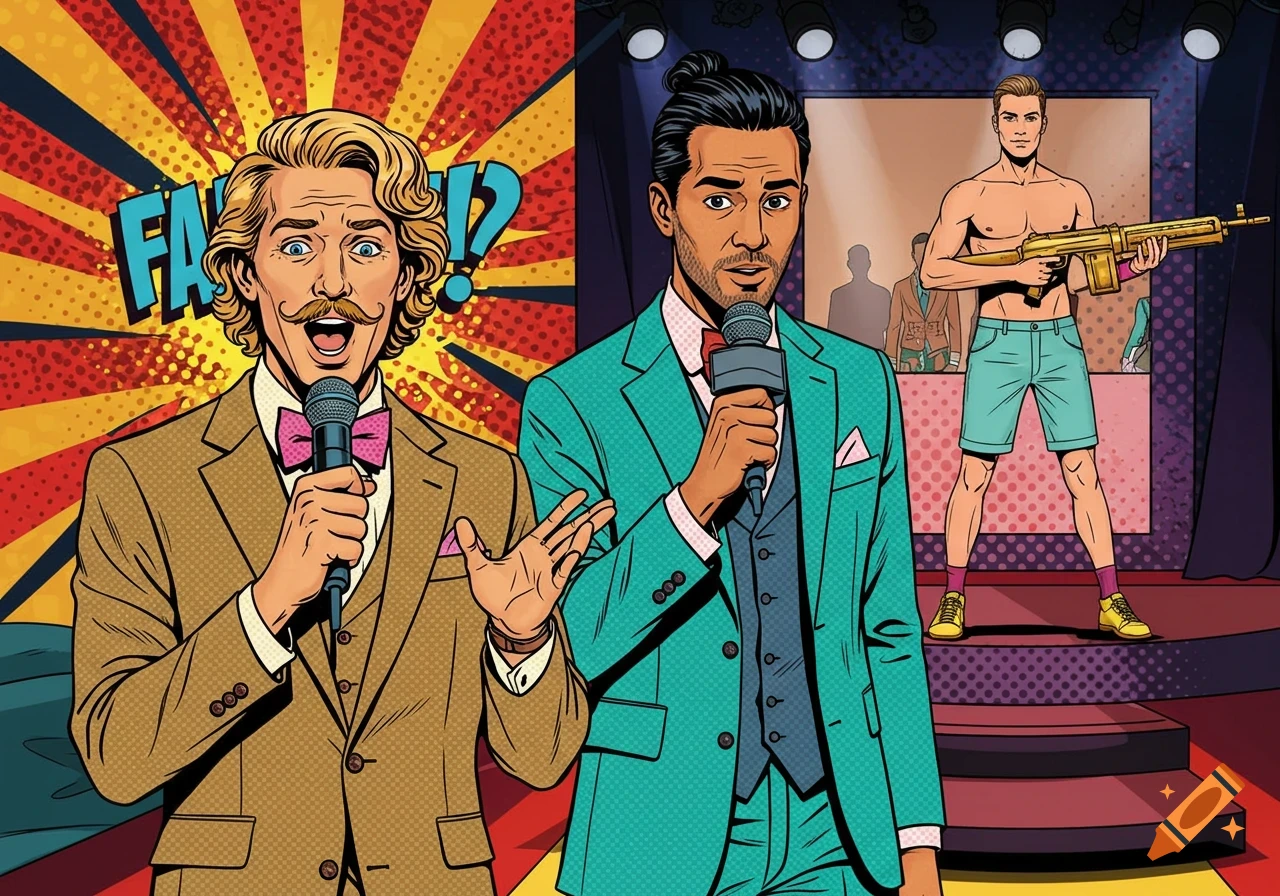 Two pop art style TV hosts on a colorful set, one with a mustache, the other with a bun, with a shirtless male model holding a golden gun on a podium.