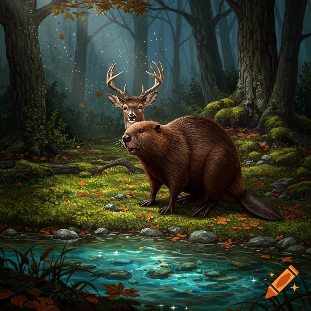 A brown beaver stands by a stream in a dark, mossy forest, with a deer visible behind it. Glowing particles float in the air.