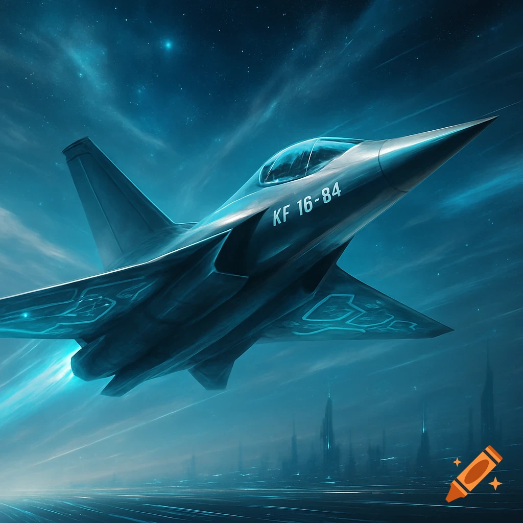 A futuristic dark blue jet with glowing accents flies over a futuristic city at night under a starry, cloudy sky.