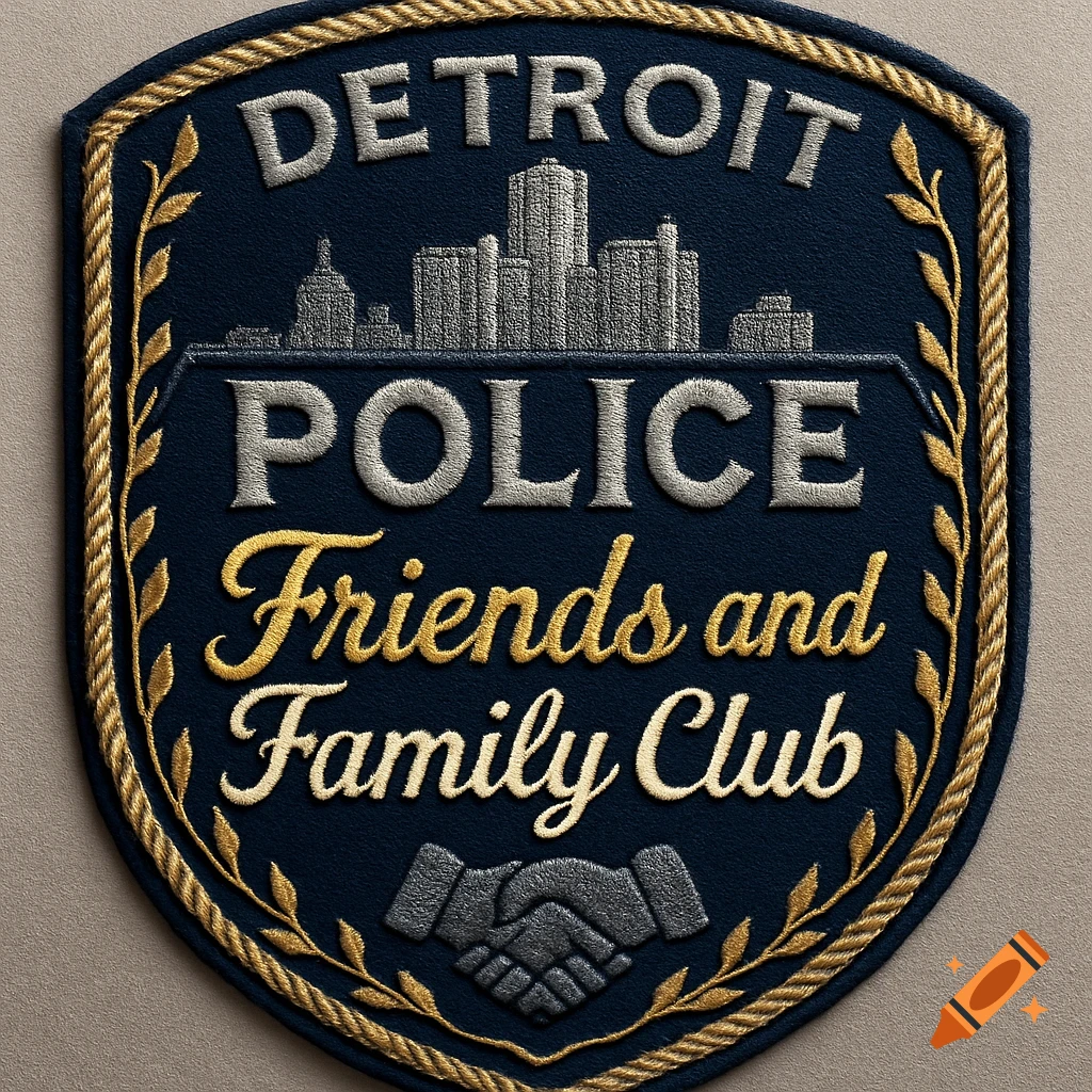 An embroidered dark blue shield-shaped patch with gold trim, featuring 'Detroit Police Friends and Family Club' text, a city skyline, and a handshake.