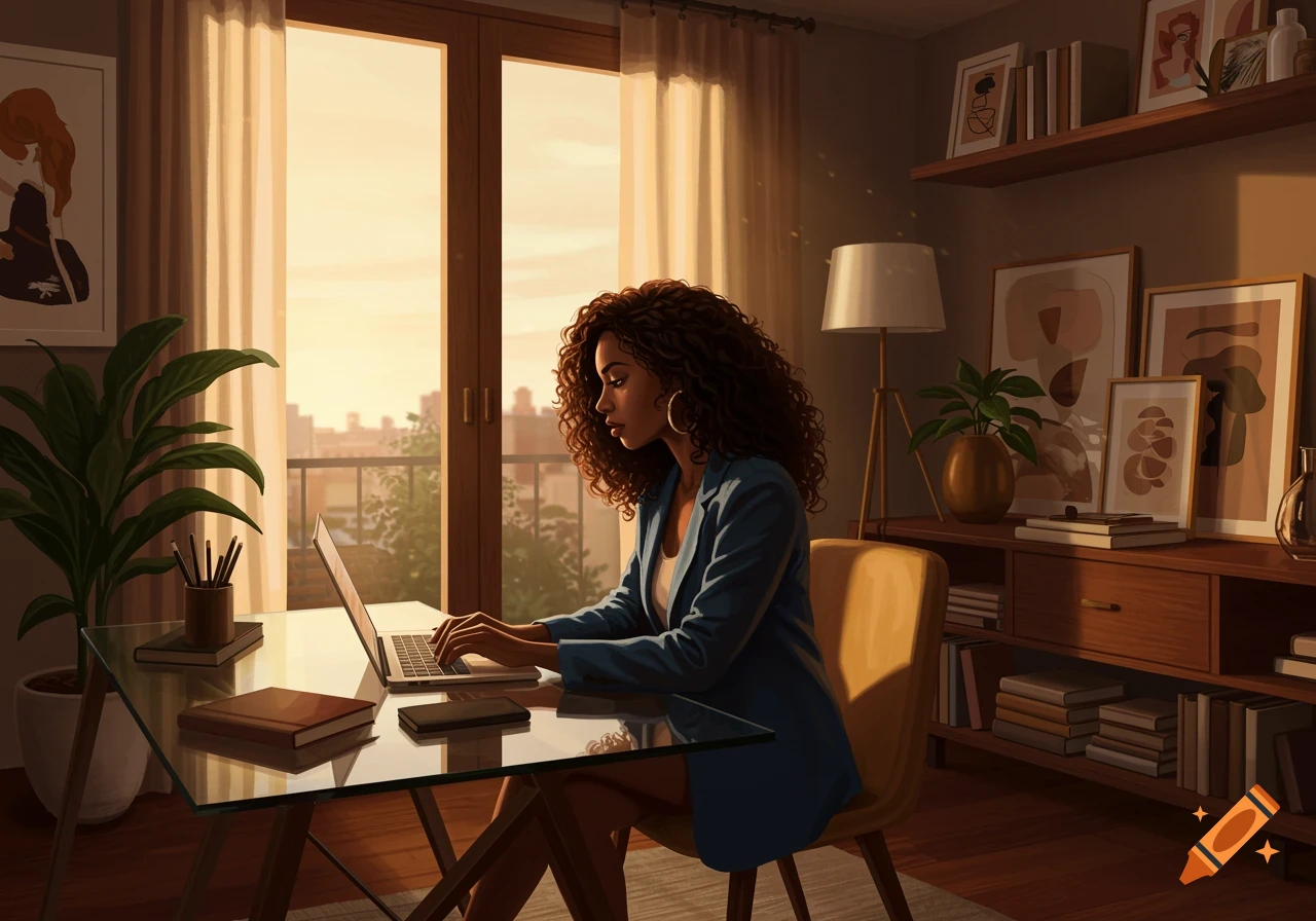 A woman with curly hair works on a laptop at a glass desk in a sunlit home office.