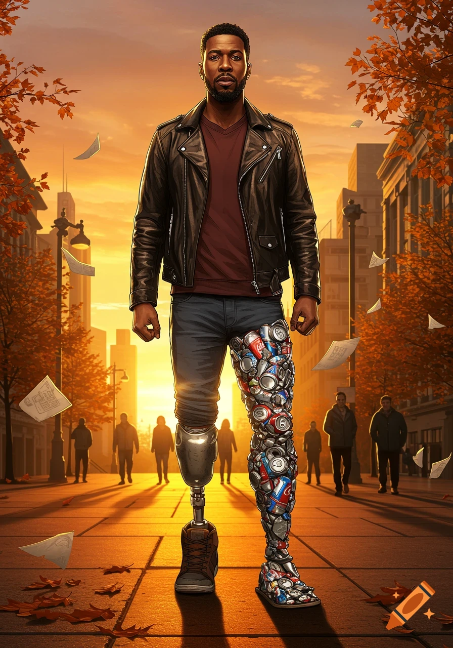 A man in a leather jacket and jeans stands confidently on an autumn city street. One leg is a metallic prosthetic, while the other is composed entirely of colorful crushed soda cans. Sunlight bathes the scene in warm orange hues.