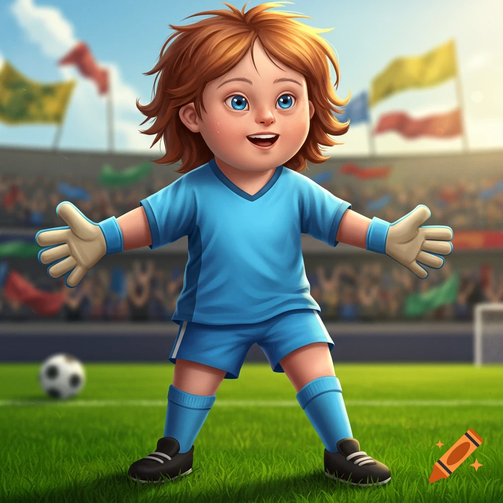 Cartoon illustration of a young child, a soccer goalkeeper, standing on a field in a stadium with open arms.
