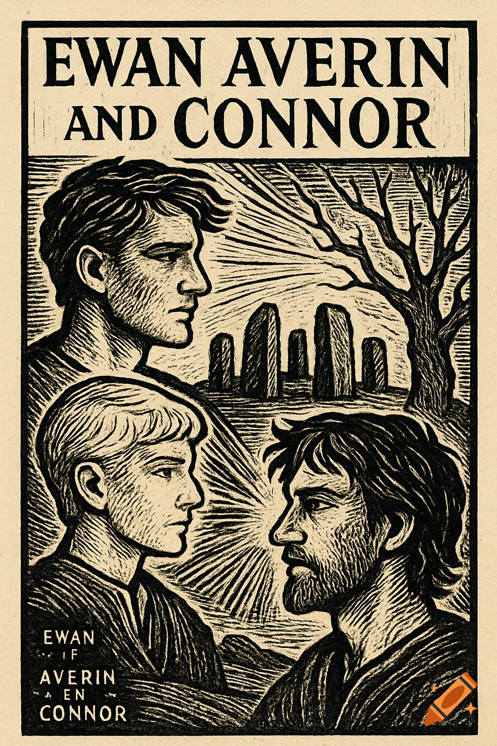 A woodblock print style book cover featuring three male profiles: one prominent in the background, a younger one below him, and a bearded one in the foreground. Standing stones and a tree are in the background, with radiating lines representing magic. The title "EWAN AVERIN AND CONNOR" is at the top.