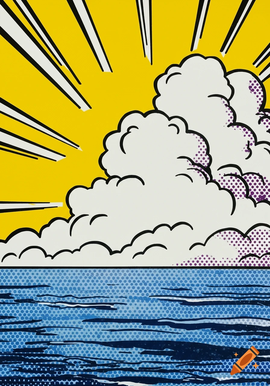 A Pop Art-style coastal scene with a yellow sky, comic sun rays, white clouds with purple dots, and a blue ocean rendered in Ben-Day dots.