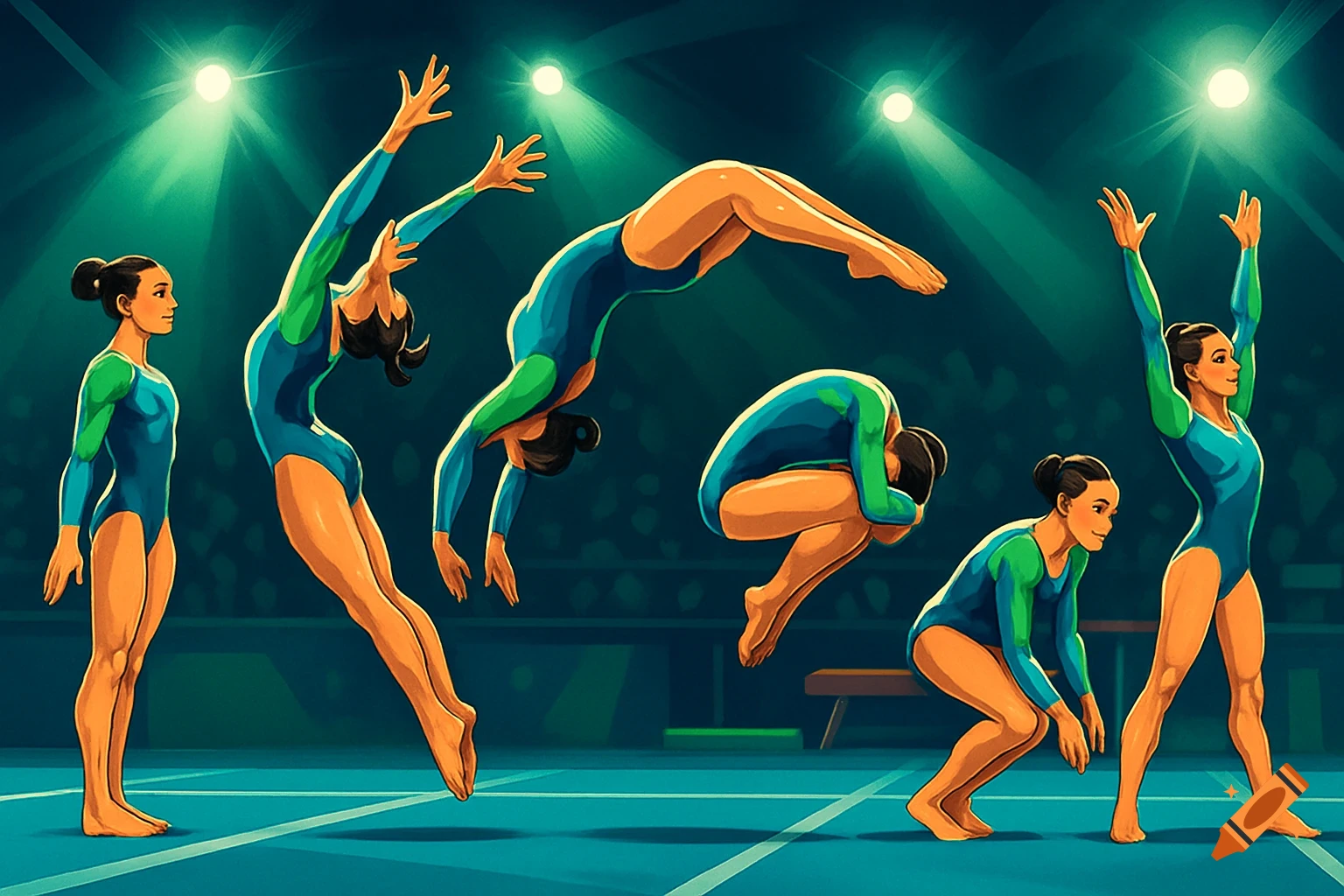 An illustration of a gymnast performing a step-by-step backflip sequence on a blue mat under spotlights.