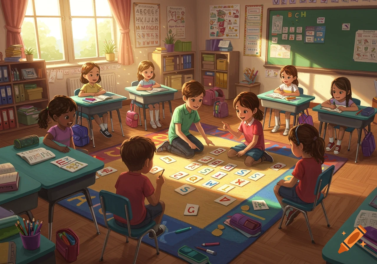 Children in a bright classroom setting. Some students sit at desks, while others sit on the floor playing with large letter tiles. The classroom is filled with educational materials and sunlight streams through a window.
