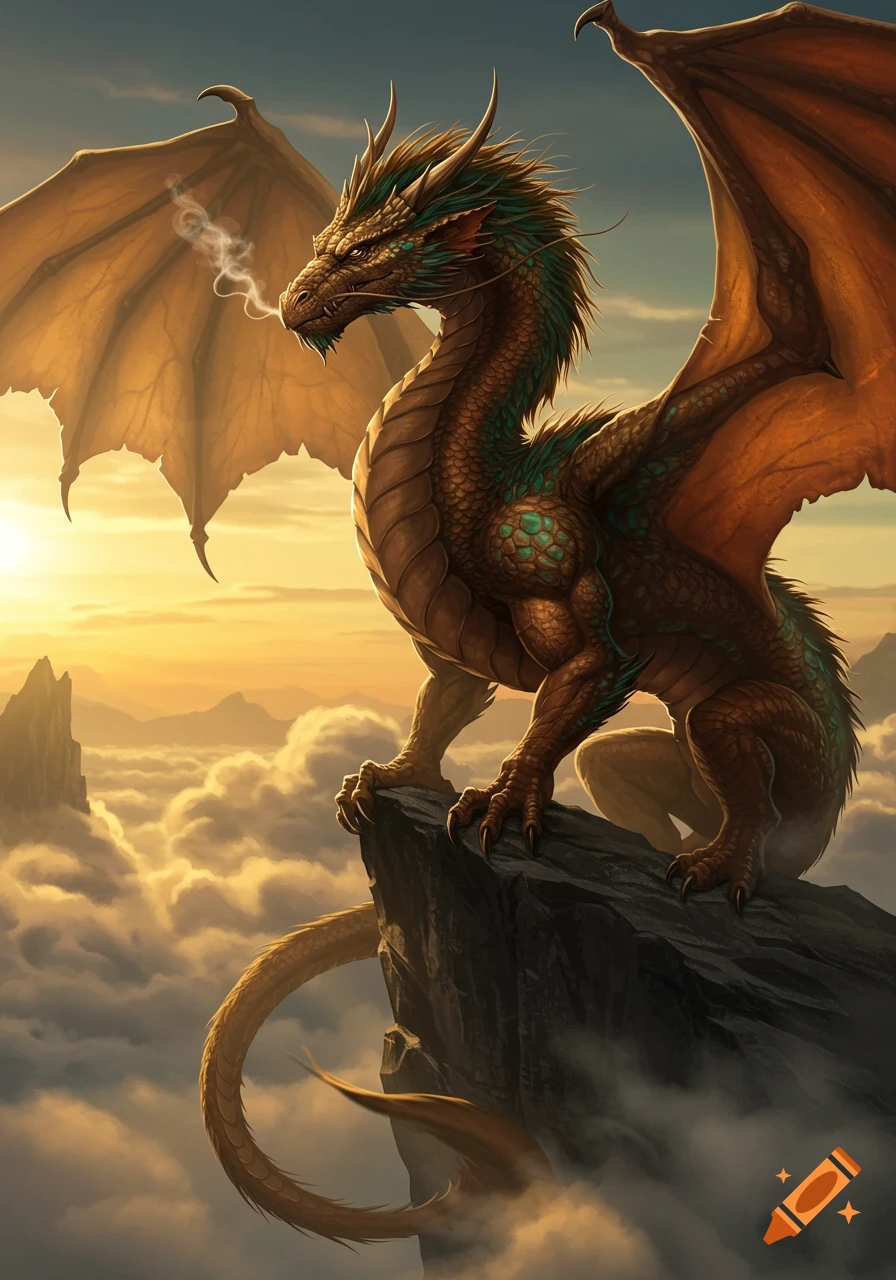 A brown and teal dragon with large wings perches on a rock above clouds at sunset.