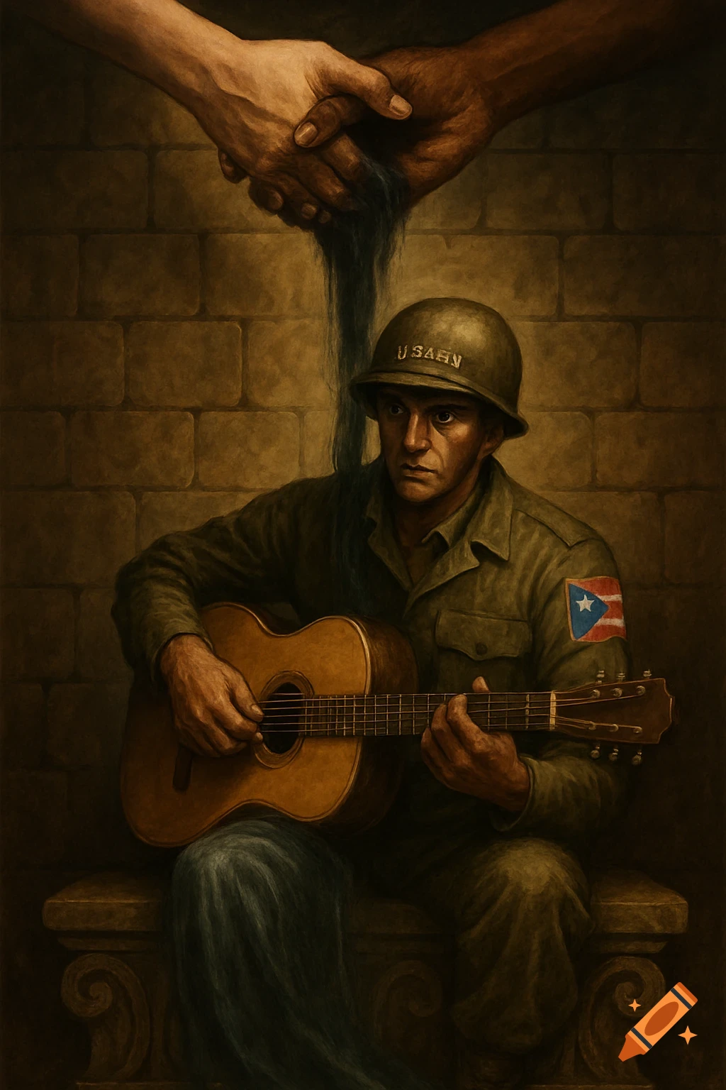 A soldier in uniform with a Puerto Rican flag patch plays an acoustic guitar as two hands above him shake, pouring dark liquid that turns into fabric on his lap.