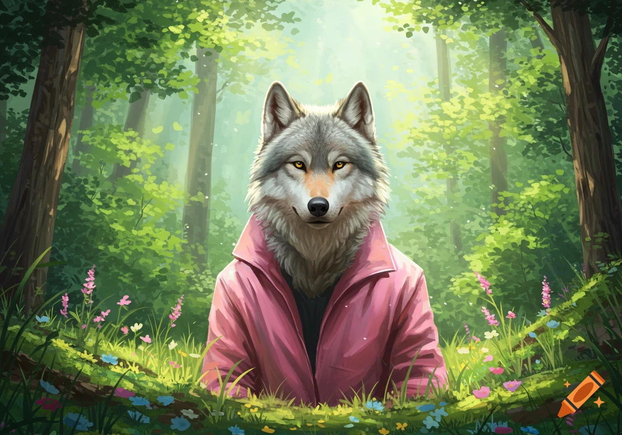 A wolf wearing a pink jacket sits in a vibrant green forest filled with colorful flowers, depicted in an illustrative style.