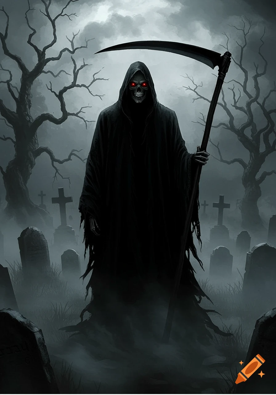 A menacing grim reaper with glowing red eyes stands in a misty graveyard surrounded by barren trees and tombstones.