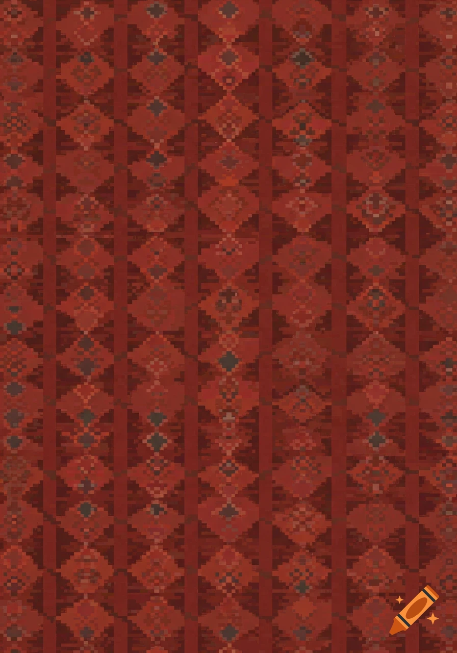 A vibrant, pixelated pattern in warm shades of red and cool grays, featuring intricate woven diamonds and vertical lines.