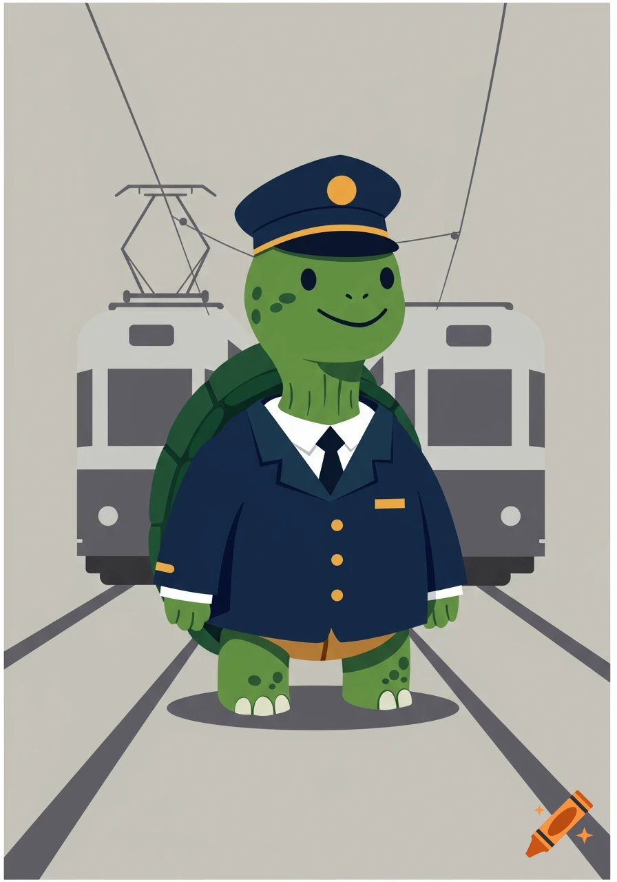 A simplified cartoon turtle in a blue tram conductor's uniform and hat stands on tram tracks with two trams in the background.