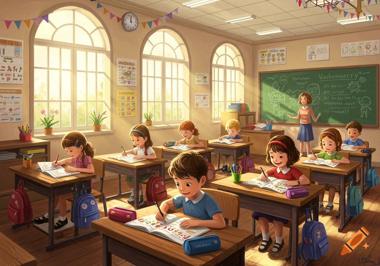 A bright cartoon illustration of students in a classroom, with a teacher at the blackboard.